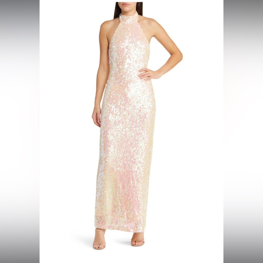 The Aria Sequin Mock Neck Halter Gown